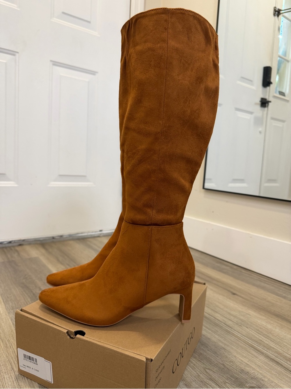 Knee-High Pointed Toe Heeled Boot in Cognac Suede